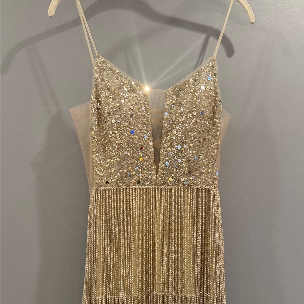 Jovani Gold Sequin Fringe Mini Tassle Dress with V-Neck *UNICORN* - Picture 17 of 17